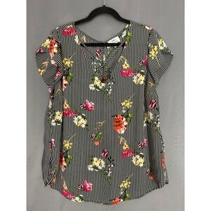 Twine & String Womens 1X Floral Striped Flutter Sleeve V-Neck Blouse Black White
